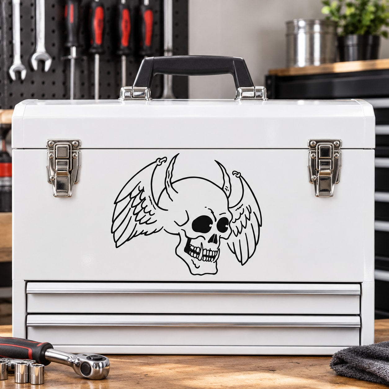 Skull with winged horns vinyl decal, black outline on light background