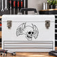 Skull with winged horns vinyl decal, black outline on light background