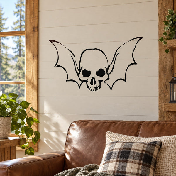 Skull and wing head wall decal with black outline on light background