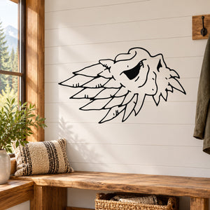 Side winged skull decal, black outline line-art design