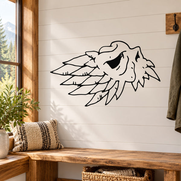 Side winged skull decal, black outline line-art design