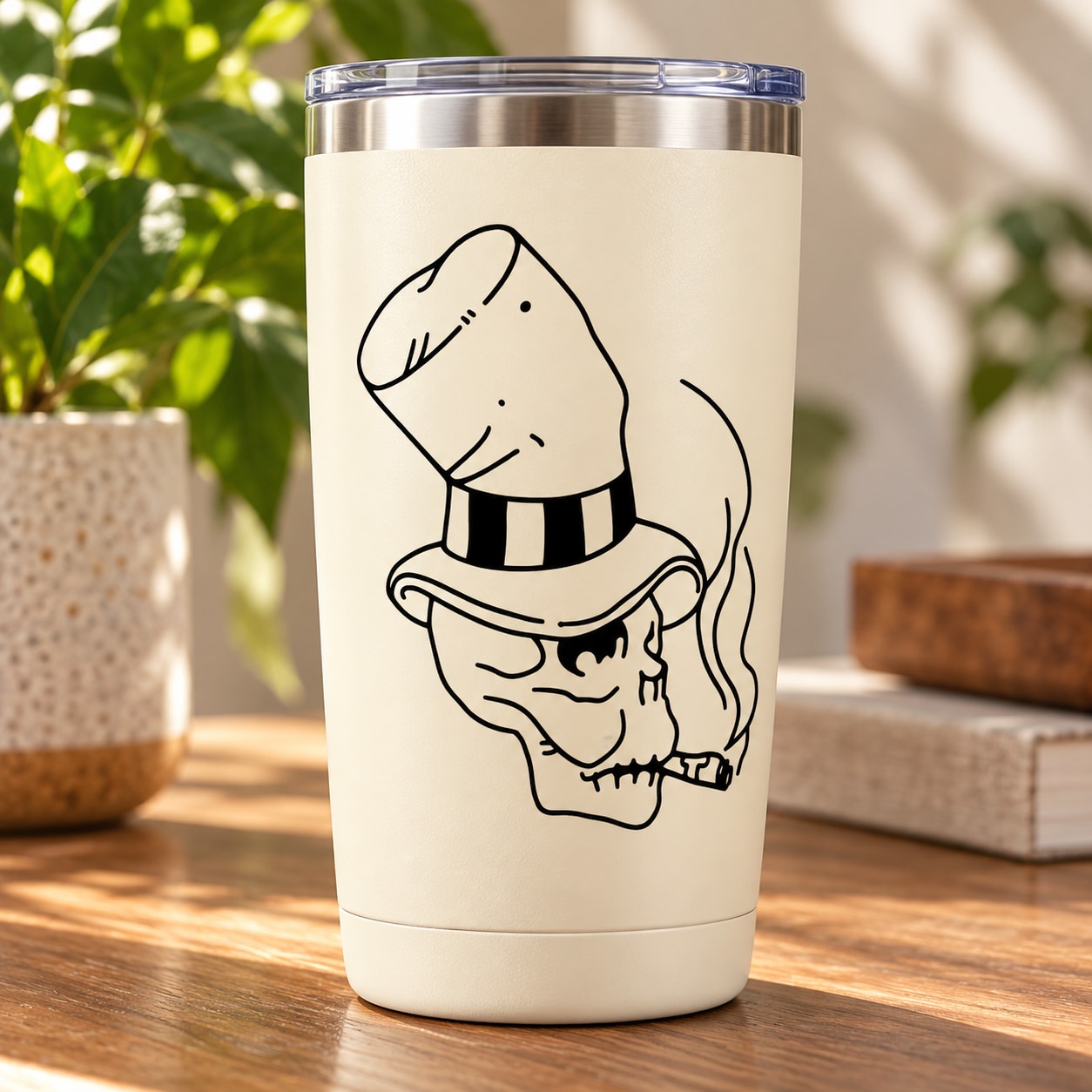 Cream tumbler with black skull smoking top hat line-art decal and plastic lid