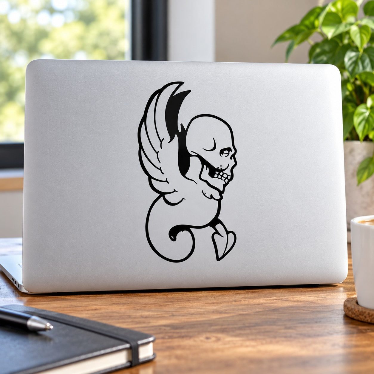Black skull with winged outline vinyl wall decal