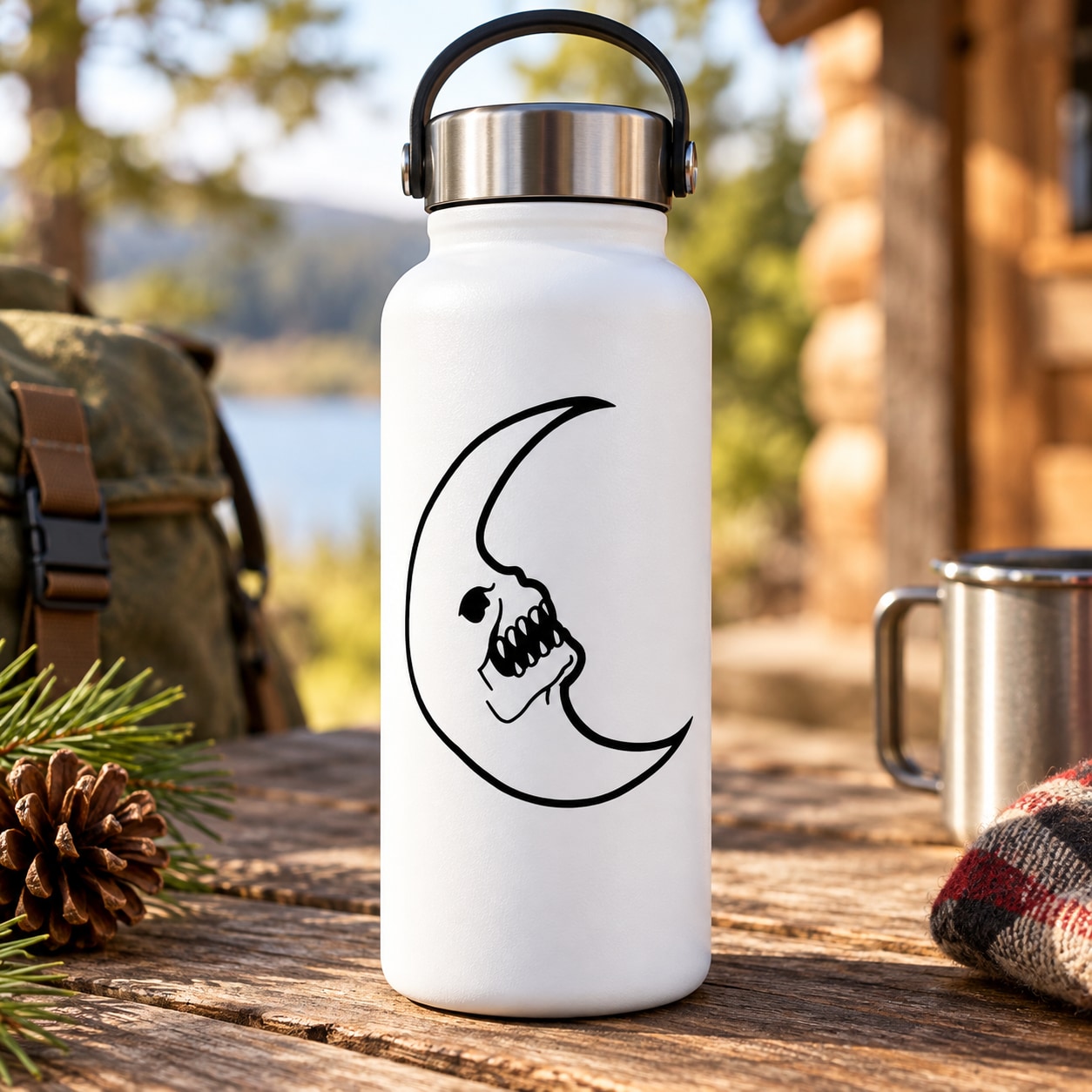 Skull and crescent moon decal on white reusable water bottle, black outline
