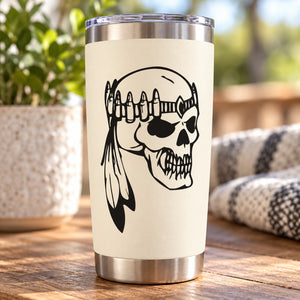 Skull face vinyl decal on stainless travel tumbler, black artwork on light background