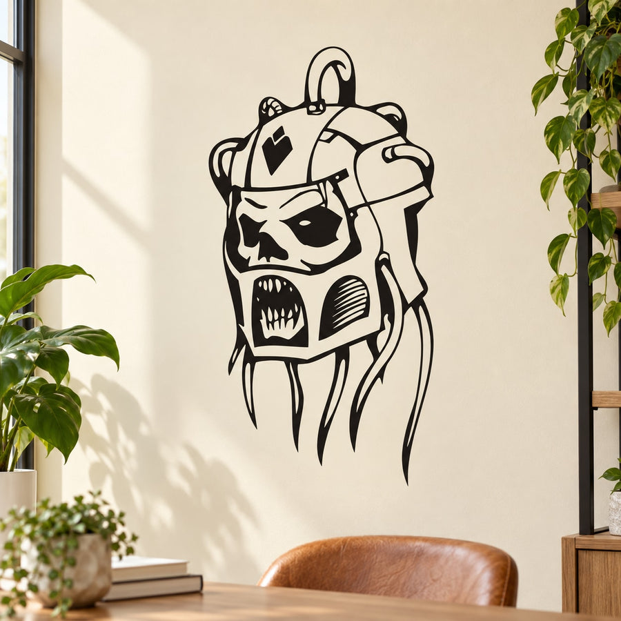 Black vinyl skull wall decal with robotic face and dripping fangs