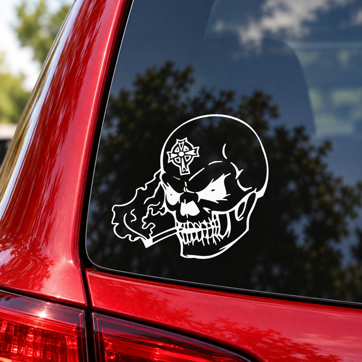 White skull vinyl car decal sticker on dark car window