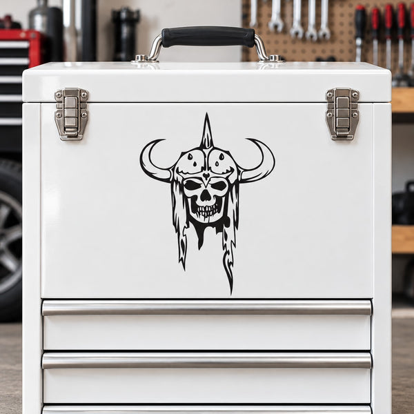 Black skull face vinyl wall decal with curved horns and bold outline