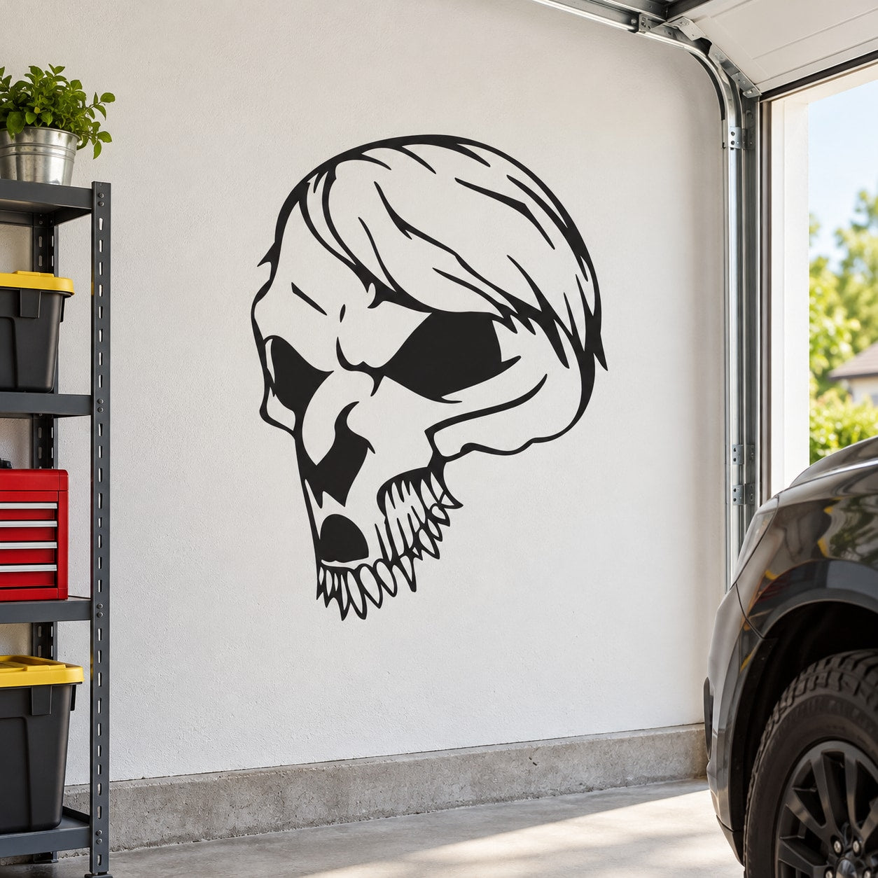 Skull vinyl wall decal, black skull profile with detailed shading