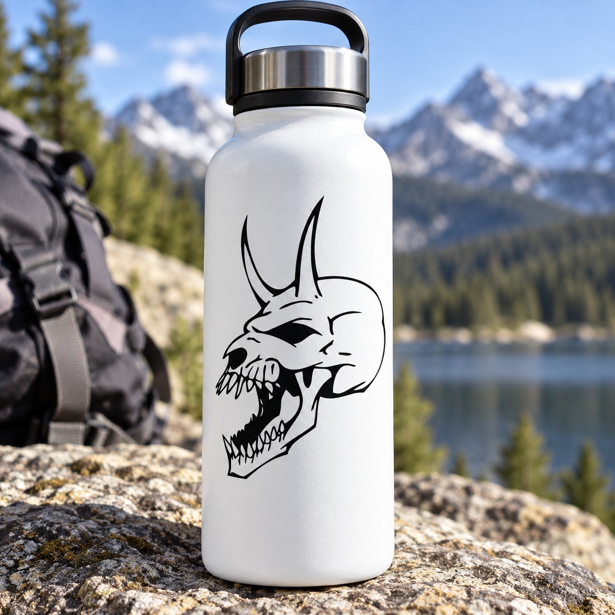 White bottle with black skull face vinyl decal