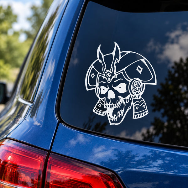 White skull vinyl decal with horned helmet design on car window