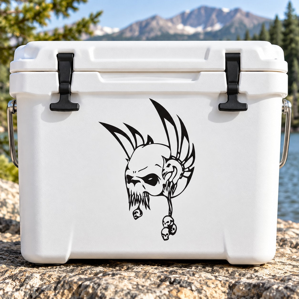 Black horned skull vinyl decal with spiky hair and small skull charm, white background