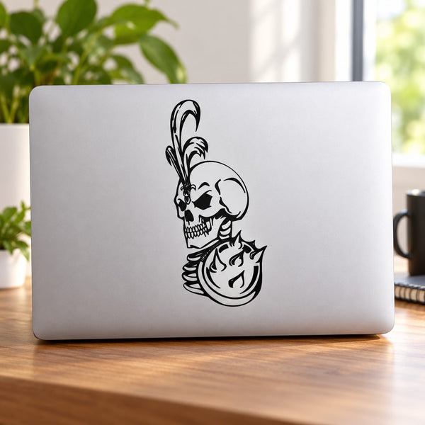 Skull vinyl decal with swirling line art, black outline on white