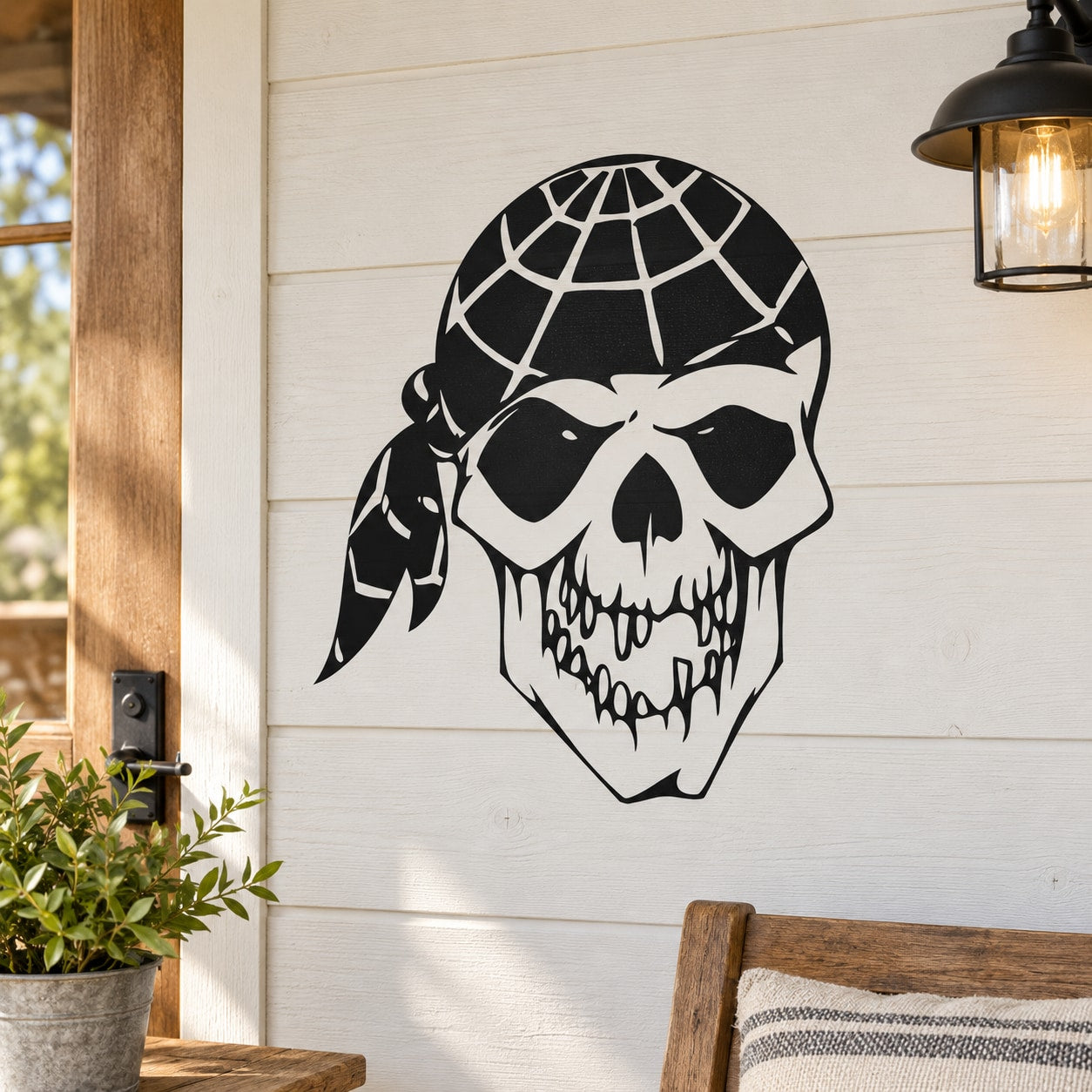 Skull wall vinyl decal, black and white grim reaper face with helmet