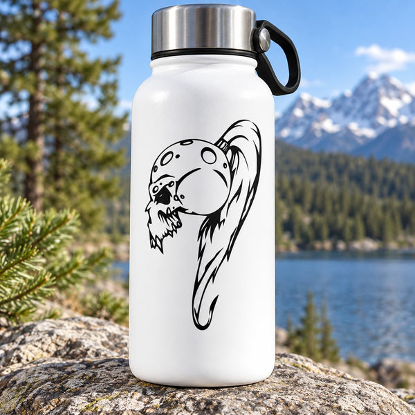 Vinyl skull face decal with roaring lion head, outlined in black on white