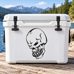 Skull vinyl wall decal with bold black grin design, white outline