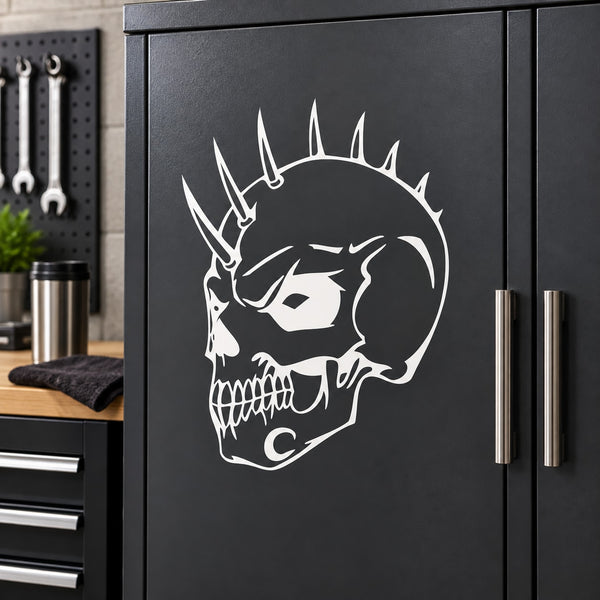 White skull face vinyl wall decal with horned helmet design on black background