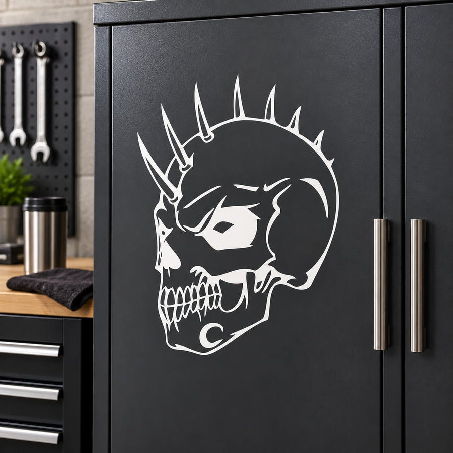 White skull face vinyl wall decal with horned helmet design on black background