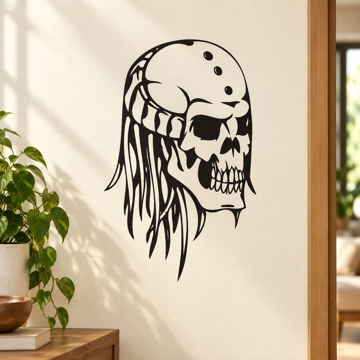 Skull vinyl wall decal in black and white with long dripping hair