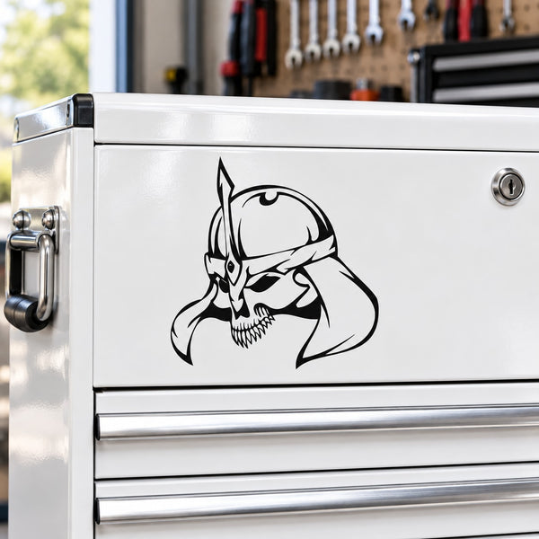 Stylized skull with hood wall decal, black vinyl outline