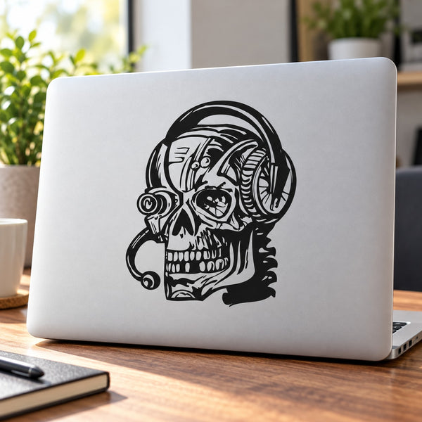 Skull vinyl wall decal with astronaut helmet and headphones in black