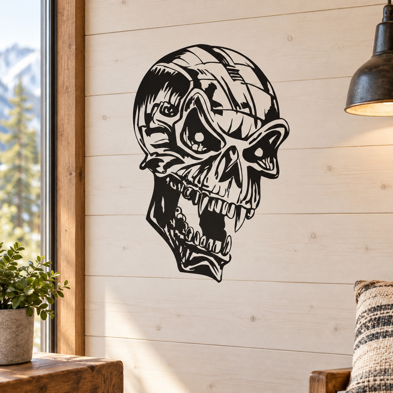 Black vinyl skull wall decal featuring a detailed skull and helmet profile