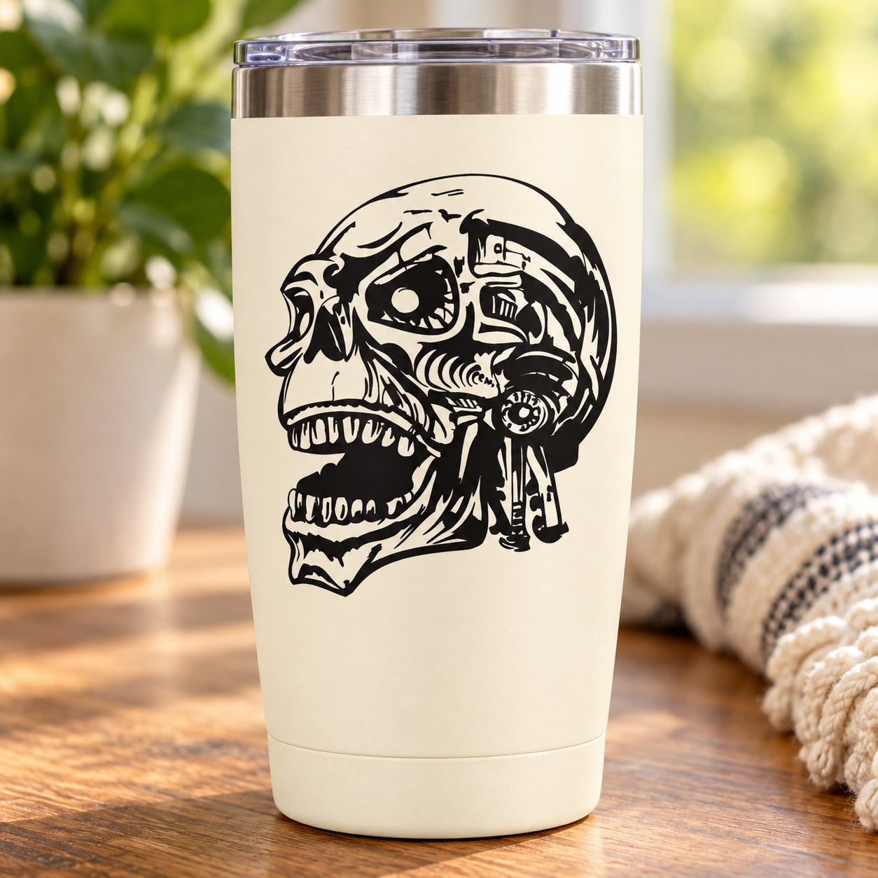 Skull vinyl decal with black skull graphic on white tumbler