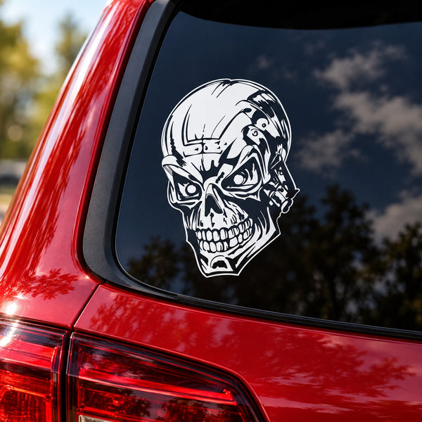 Skull vinyl decal with white graphic on car window
