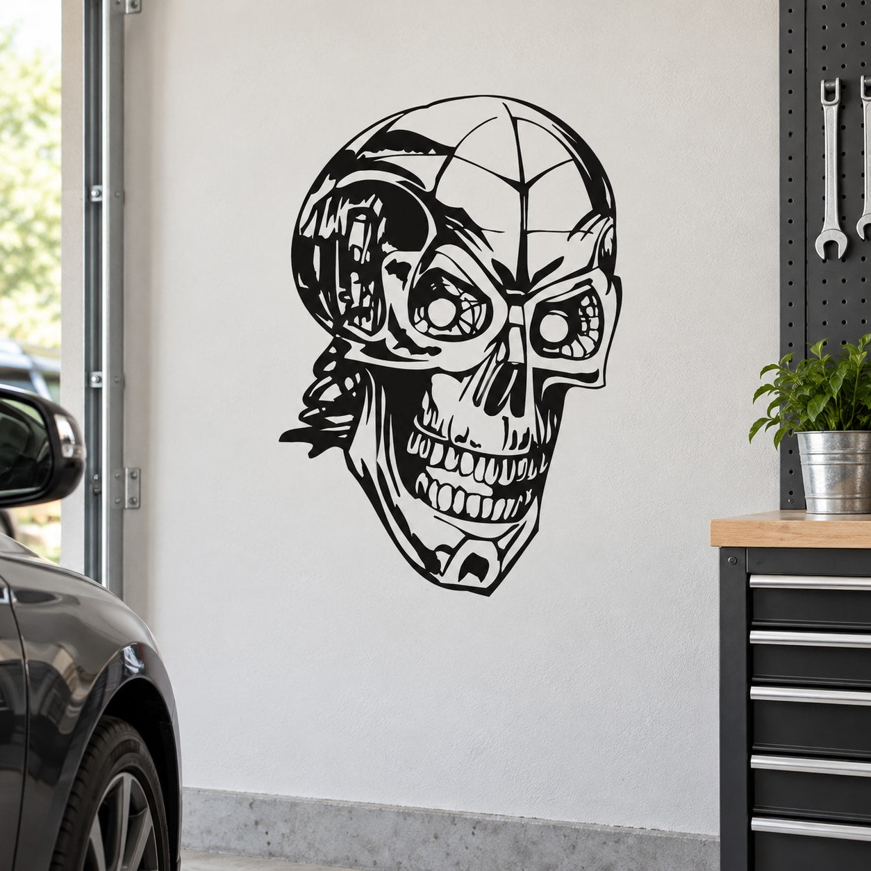 Vinyl wall decal with black-and-white skull wearing a helmet-style face mask design