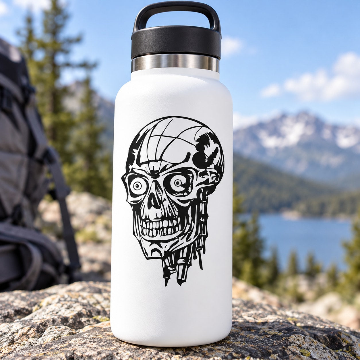 Skull vinyl decal on white bottle, black cartoon skull with goggles and hat