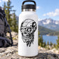 Skull vinyl decal on white bottle, black cartoon skull with goggles and hat