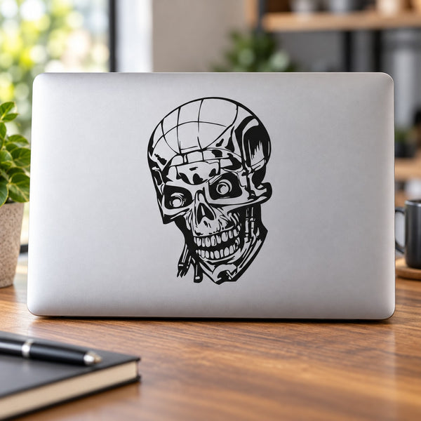 Black skull vinyl wall decal with helmet and goggles design