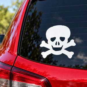 Skull and crossbones vinyl decal for car glass, white with black details