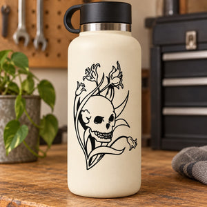 Skull and flame vinyl decal sticker with hand-drawn skull holding a dagger outline