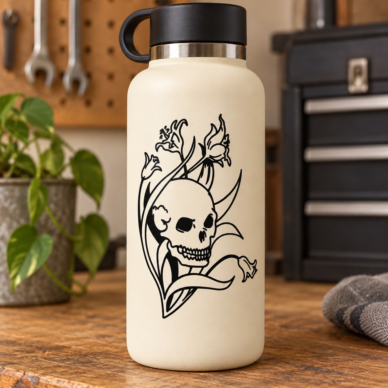 Skull and flame vinyl decal sticker with hand-drawn skull holding a dagger outline