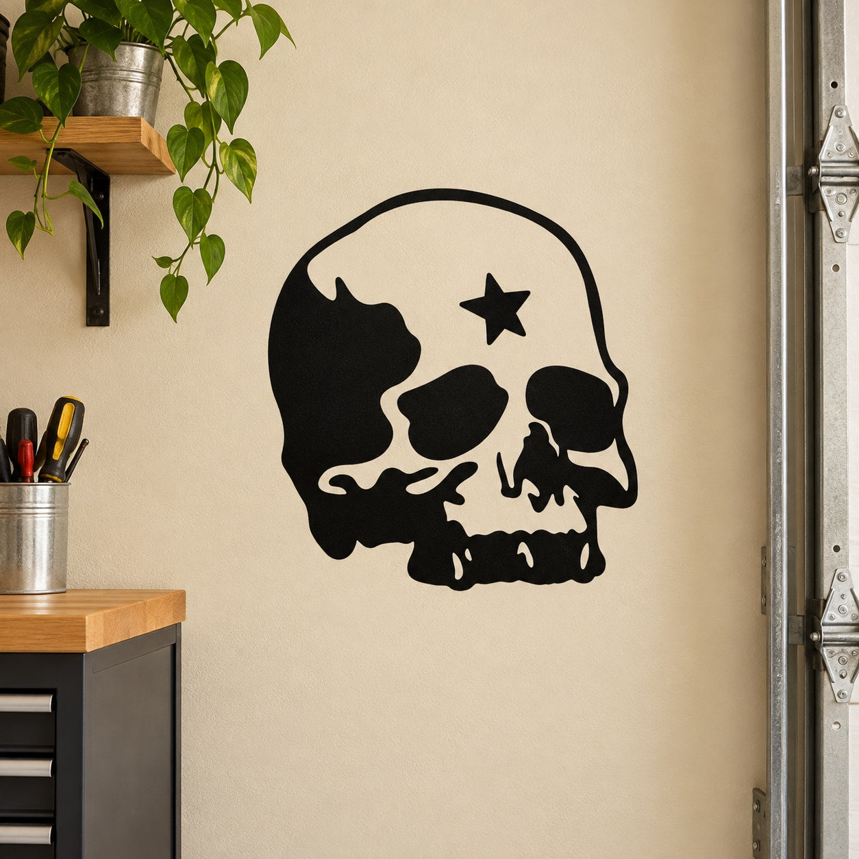Skull vinyl decal sticker with black-and-white skull and star graphic