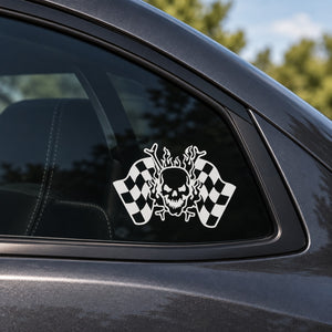 Skull vinyl decal sticker with checkered flag and flame graphic on car window