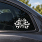Skull vinyl decal sticker with checkered flag and flame graphic on car window