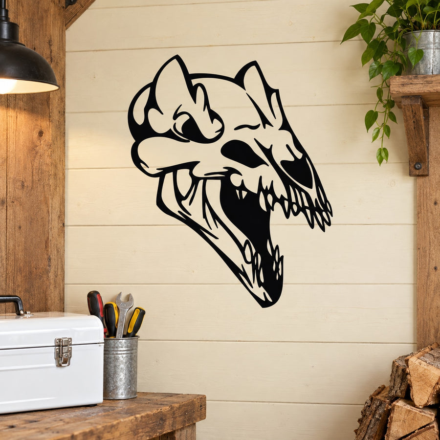 Stylized skull wall decal with pointed ears and detailed teeth, black vinyl