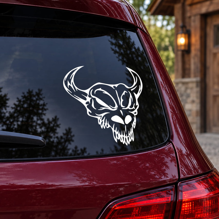 Skull vinyl decal with white horned skull graphic for car or window