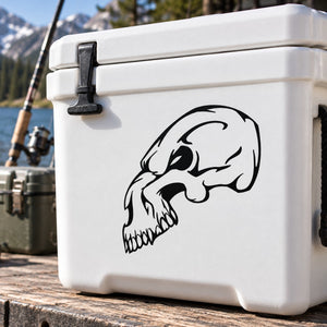 Black skull vinyl decal sticker on a white cooler lid