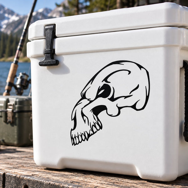 Black skull vinyl decal sticker on a white cooler lid