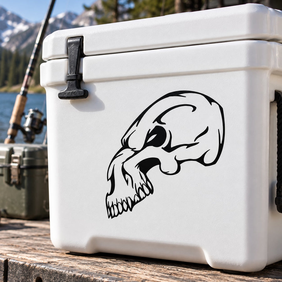 Black skull vinyl decal sticker on a white cooler lid