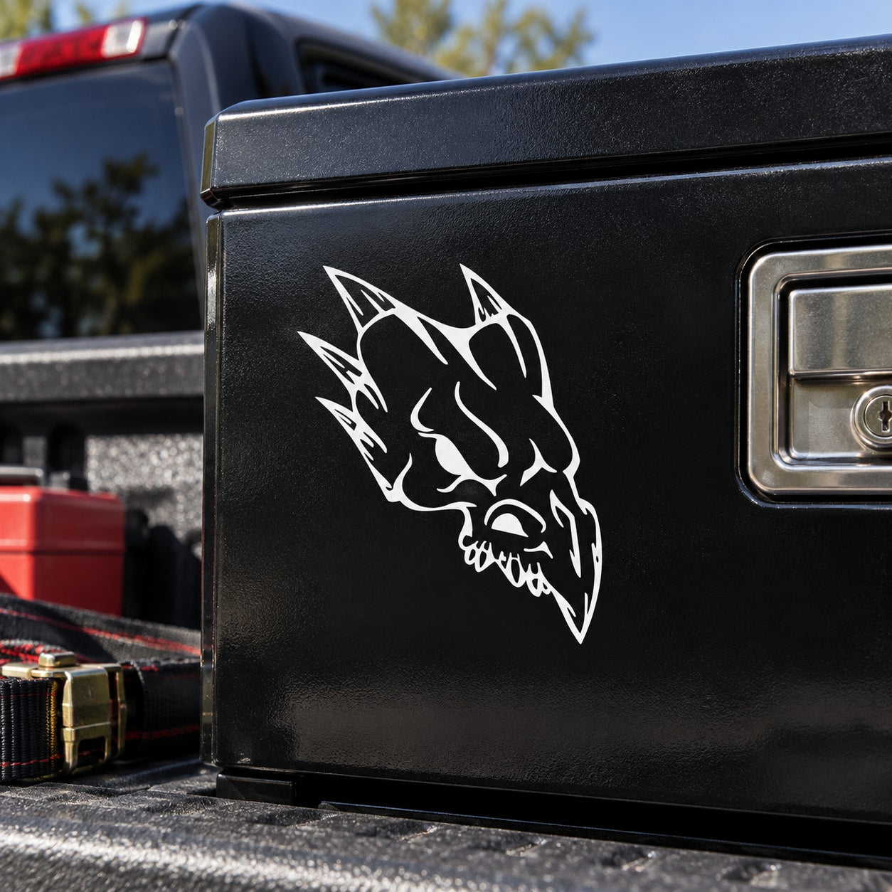 Vinyl skull decal with white flame design on a dark surface