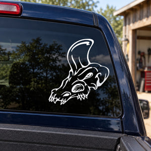 Skull vinyl car decal with white outline graphic on rear window
