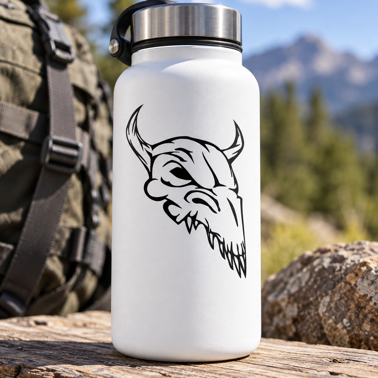 Skull vinyl decal with black skull face graphic on white surface
