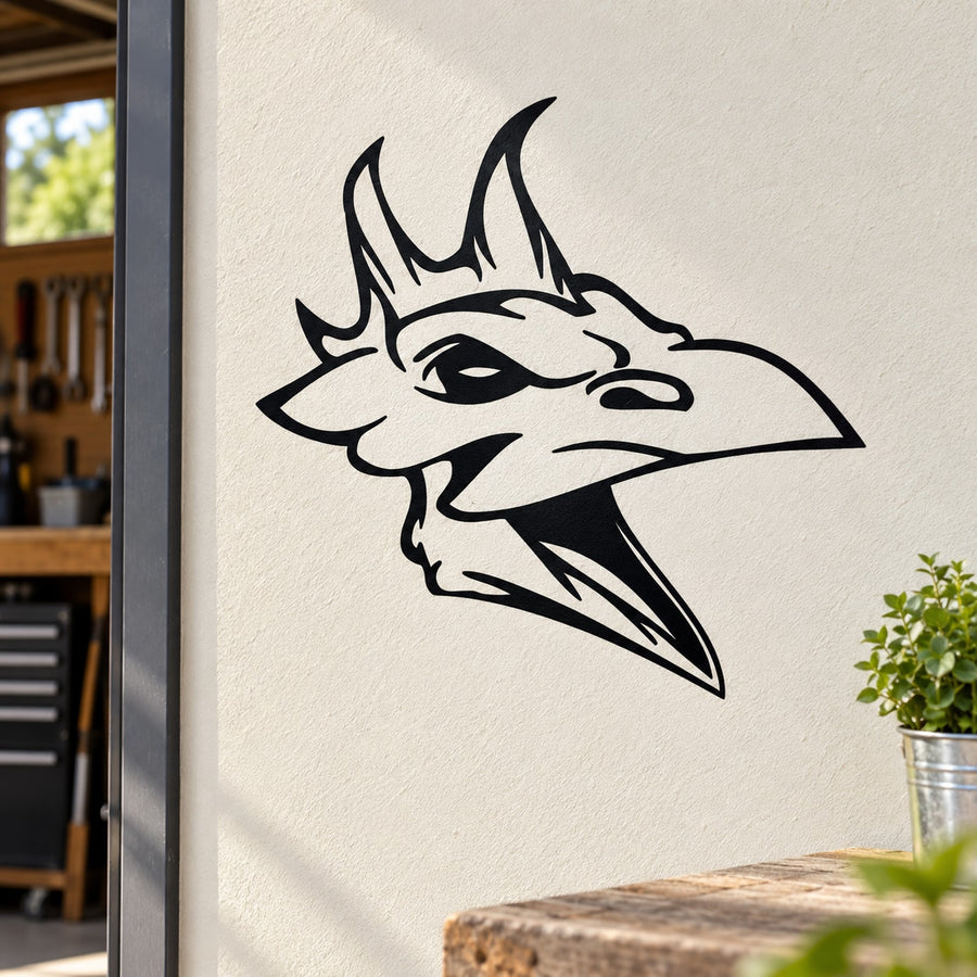 Skull head wall vinyl decal with bold black-and-white dragon face design