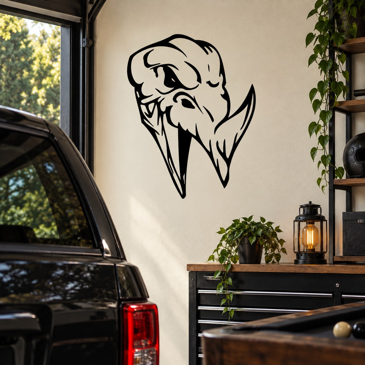Skull head wall vinyl decal in black outline and white fill