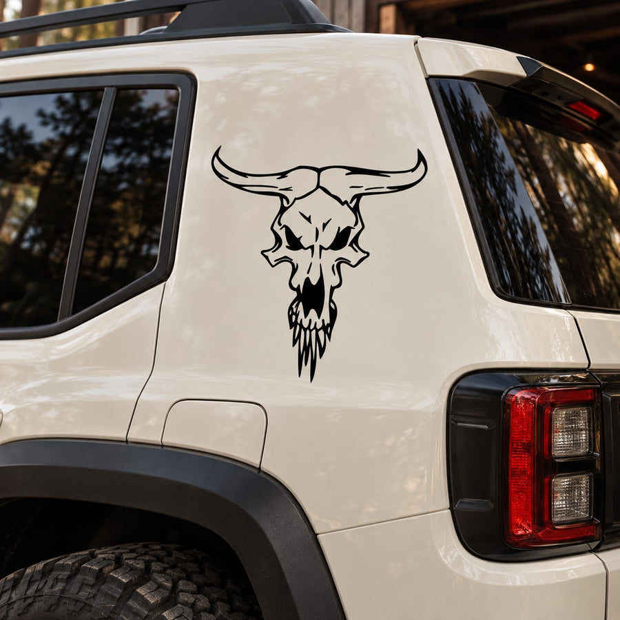 Bull skull vinyl wall decal, black horned skull graphic on vehicle door