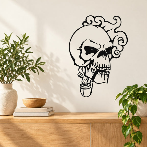 Skull wall decal in black vinyl with swirling curls and detailed skull face